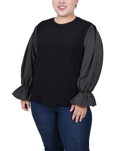 Ny Collection Plus Size Long Sleeve Top With Printed Sleeves In Black White Dot