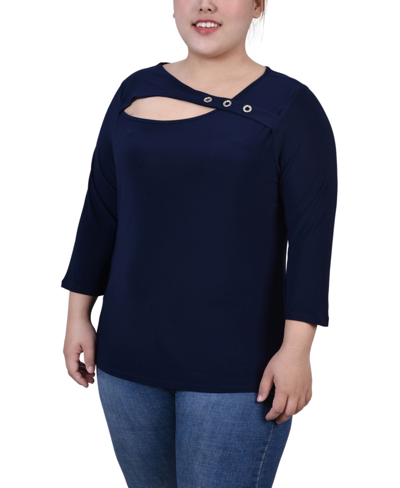 Ny Collection Plus Size 3/4 Sleeve Cutout Top In Navy