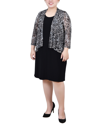 Ny Collection Plus Size Cardigan And Dress Set, 2 Piece In Tan Wild Chita Black