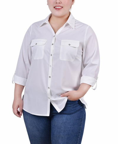 Ny Collection Plus Size Roll Tab Blouse With Rib Insets In White
