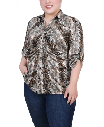 Ny Collection Plus Size 3/4 Roll Tab Rouched-front Top In Snake Animal