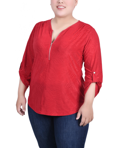 Ny Collection Plus Size 3/4 Roll Tab Zip Front Jacquard Knit Top In Red