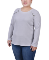 Ny Collection Plus Size Long Sleeve Ribbed Button Detail Top In Light Charcoal