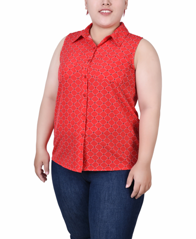 Ny Collection Plus Size Sleeveless Notch Collar Button Front Blouse In Red Diapearl
