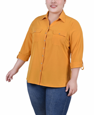 Ny Collection Plus Size 3/4 Roll Tab Blouse With Pockets In Gold