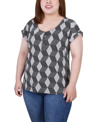 Ny Collection Plus Size Short Extended Sleeve Zip Top In Black White Abstract
