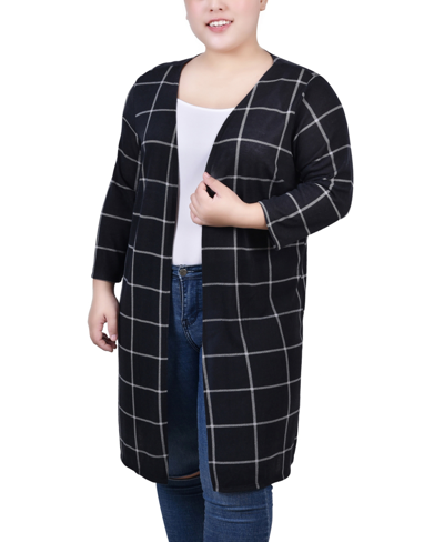 Ny Collection Plus Size 3/4 Sleeve Knit Cardigan In Black White Plaid