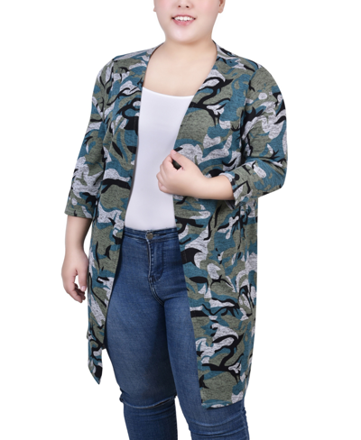 Ny Collection Plus Size 3/4 Sleeve Knit Cardigan In Gray Camo