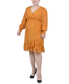 Ny Collection Petite Long Sleeve Smocked Waist Dress In Mustard Multi Dot