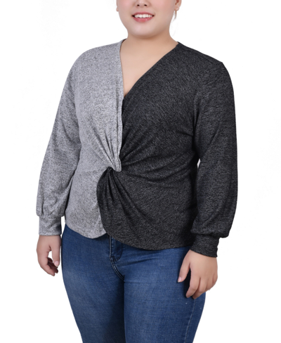 Ny Collection Petite Long Sleeve Twist Front Colorblocked Top In Gray Black