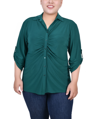 Ny Collection Plus Size 3/4 Roll Tab Rouched-front Top In Grassy Green