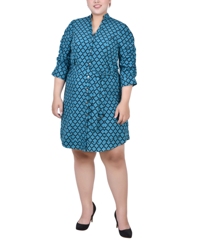 Ny Collection Plus Size 3/4 Rouched Sleeve Dress With Belt In Harbor Blue Black Quatrefoil
