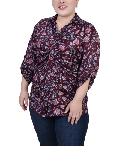 Ny Collection Plus Size 3/4 Roll Tab Rouched-front Top In Fall Floral