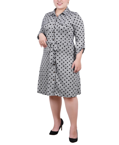 Ny Collection Plus Size 3/4 Sleeve Roll Tab Shirtdress In Black White Abstract Dot
