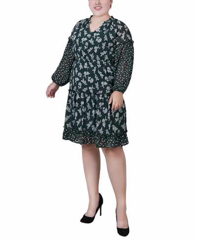Ny Collection Women's Long Sleeve Clip Dot Chiffon Dress With Smocked Waist And Cuffs Dress In Botanical Garden Floral Dot