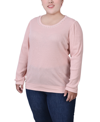 NY COLLECTION PLUS SIZE LONG SLEEVE RIBBED IMITATION PEARL TRIMMED TOP