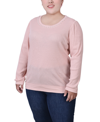 Ny Collection Petite Long Sleeve Ribbed Imitation Pearl Trimmed Top In Peach