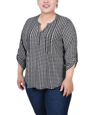 Ny Collection Plus Size 3/4 Roll Tab Pullover Top In Black White Herringbone