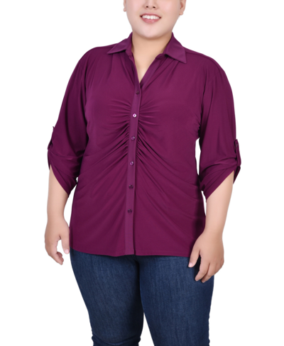 Ny Collection Plus Size 3/4 Roll Tab Rouched-front Top In Purple Potion