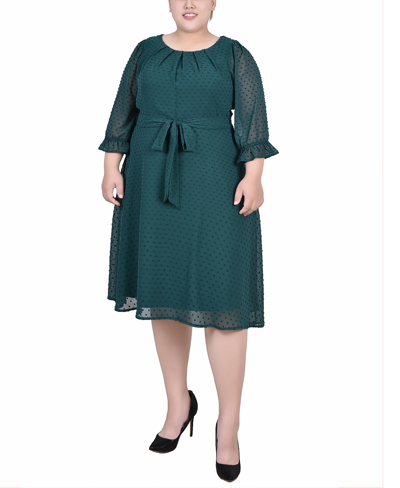 Ny Collection Plus Size 3/4 Sleeve Belted Swiss Dot Dress In Alpine Green Rectangle