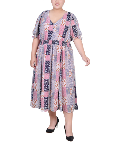 Ny Collection Plus Size Short Puff Sleeve Chiffon Dress In Mauve Floral Patchwork