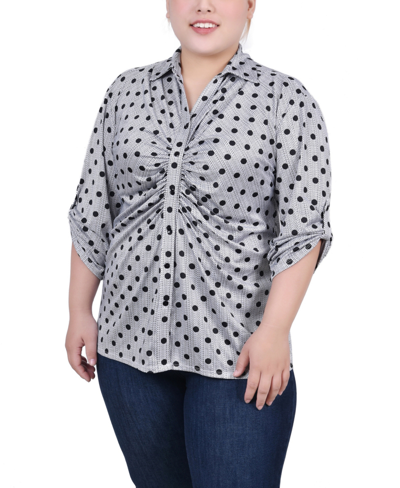 Ny Collection Plus Size 3/4 Roll Tab Rouched-front Top In Black White Abstract Dot