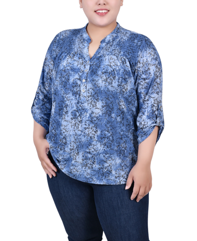 Ny Collection Plus Size 3/4 Roll Tab Sleeve Smocked-yoke Top In Etch Dark Blue