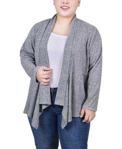 Ny Collection Plus Size Long Sleeve Ribbed Cardigan In Charcoal Gray