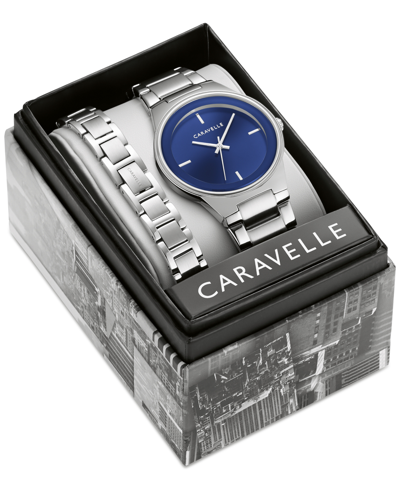 Caravelle Designed By Bulova Men's Modern Stainless Steel Bracelet Watch 40mm Gift Set In Silver-tone