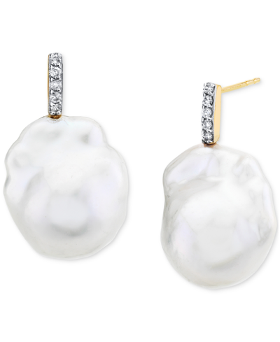 Macy's Cultured Freshwater Baroque Pearl (13mm) & Diamond Accent Stud Earrings In 14k Gold