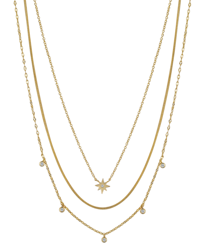 Unwritten 14k Gold Flash Plated Brass Cubic Zirconia Star And Bezel Layered Necklace Trio With Extenders Set, 