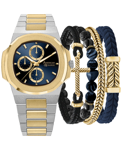 American Exchange Men's Two-tone Metal Alloy Bracelet Watch 52mm Gift Set In Two Tone