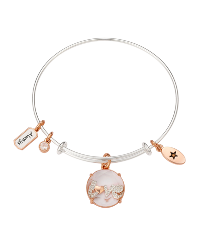 Unwritten Stainless Steel Bangle With 14k Rose Gold Flash-plated Brass Cubic Zirconia "love Always" Charms In Rose Gold Two-tone