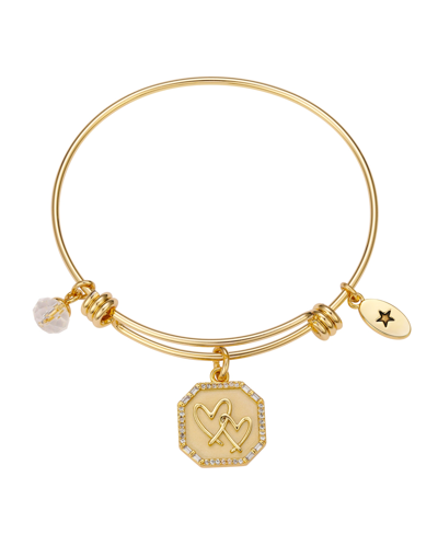 Unwritten Stainless Steel Bangle With 14k Gold Flash-plated Brass Cubic Zirconia Double Heart Charm