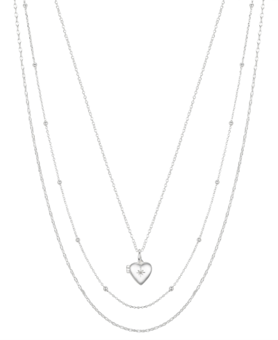 Unwritten Fine Silver Plated Brass Cubic Zirconia Heart Locket Layered Necklace Trio With Extenders Set, 3 Pie