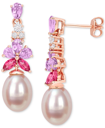 Macy's Pink Cultured Freshwater Oval Pearl & Multi-gemstone (2-1/3 Ct. T.w.) Drop Earrings In 18k Rose Gold
