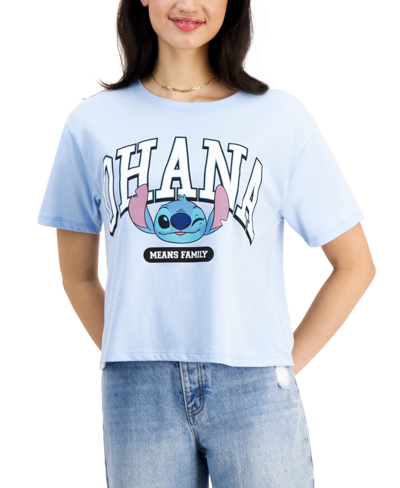 Disney Juniors' Stitch Ohana Graphic Crop Top In Chambray Blue