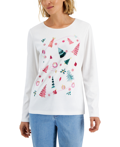 Karen Scott Women's Long-sleeve Holiday Top, Created For Macy's In Winter White
