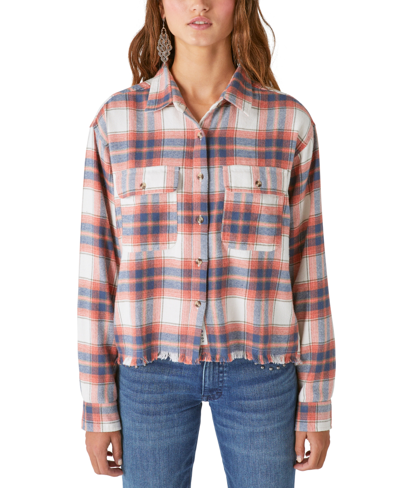 Lucky Brand Women's Cotton Raw Edge Plaid Cropped Button Down Top In Cream Plaid