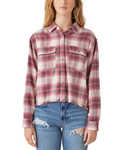LUCKY BRAND WOMEN'S COTTON RAW EDGE PLAID CROPPED BUTTON DOWN TOP