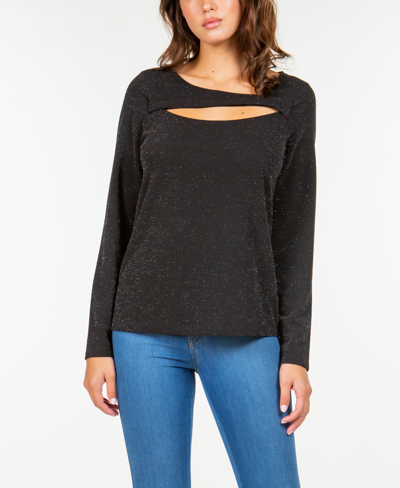 Fever Women's Lurex Knit Long Sleeve Cut Out Top In Black