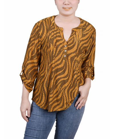 Ny Collection Women's 3/4 Roll Tab Pullover Top In Golden Black Zebra