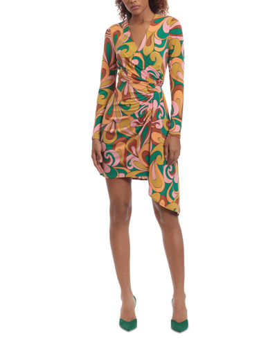 Donna Morgan Women's Long-sleeve V-neck Printed Bodycon Dress In Garden Green/coral