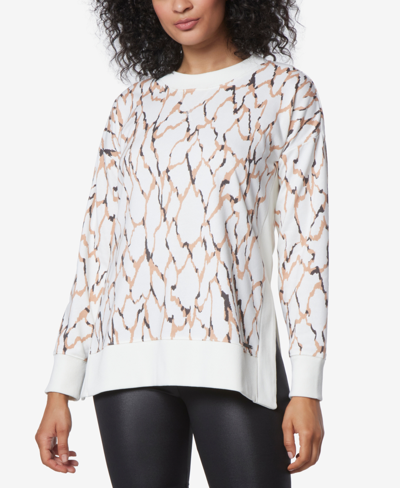 Marc New York Andrew Marc Sport Women's Printed Tunic Length Pullover Top With Side Vents In Cream Abstract Animal
