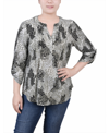 Ny Collection Plus Size 3/4 Roll Tab Sleeve Y-neck Top In Shadow Black Animal