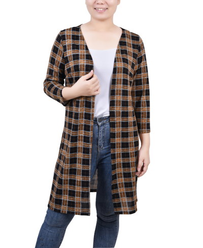 Ny Collection Plus Size 3/4 Sleeve Knit Cardigan In Gold Black White Plaid