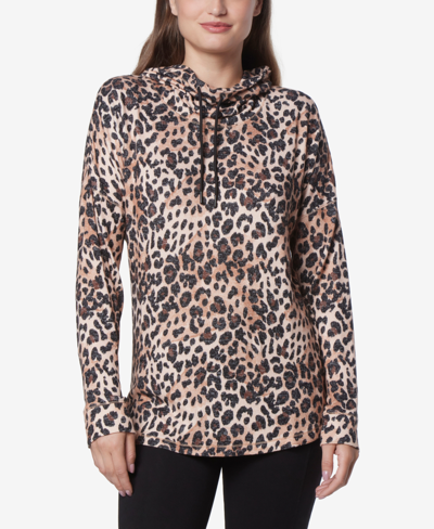 Marc New York Andrew Marc Sport Women's Long Sleeve Printed Cowl Neck Tunic Top In Mojave Leopard
