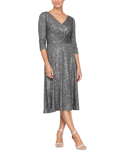 Alex Evenings Women's Sequined 3/4-sleeve Dress In Charcoal