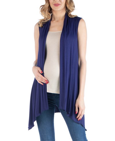 24seven Comfort Apparel Sleeveless Long Maternity Cardigan With Side Slit In Navy
