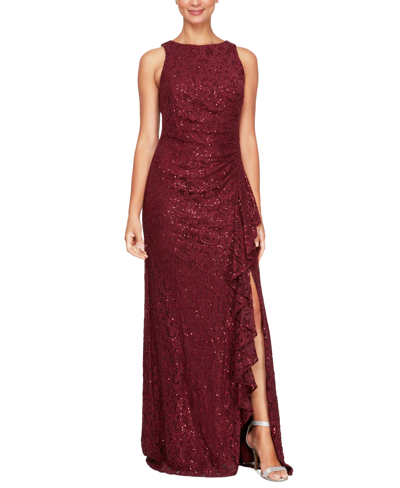 Alex Evenings Sequin Lace Cascading Ruffle Gown In Wine